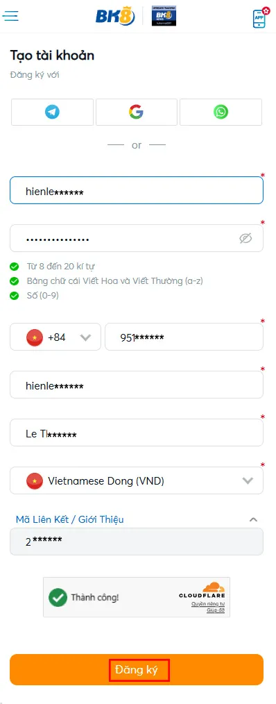 Đăng ký BK8 bước 2