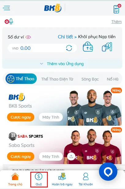 Gửi tiền BK8 bước 1